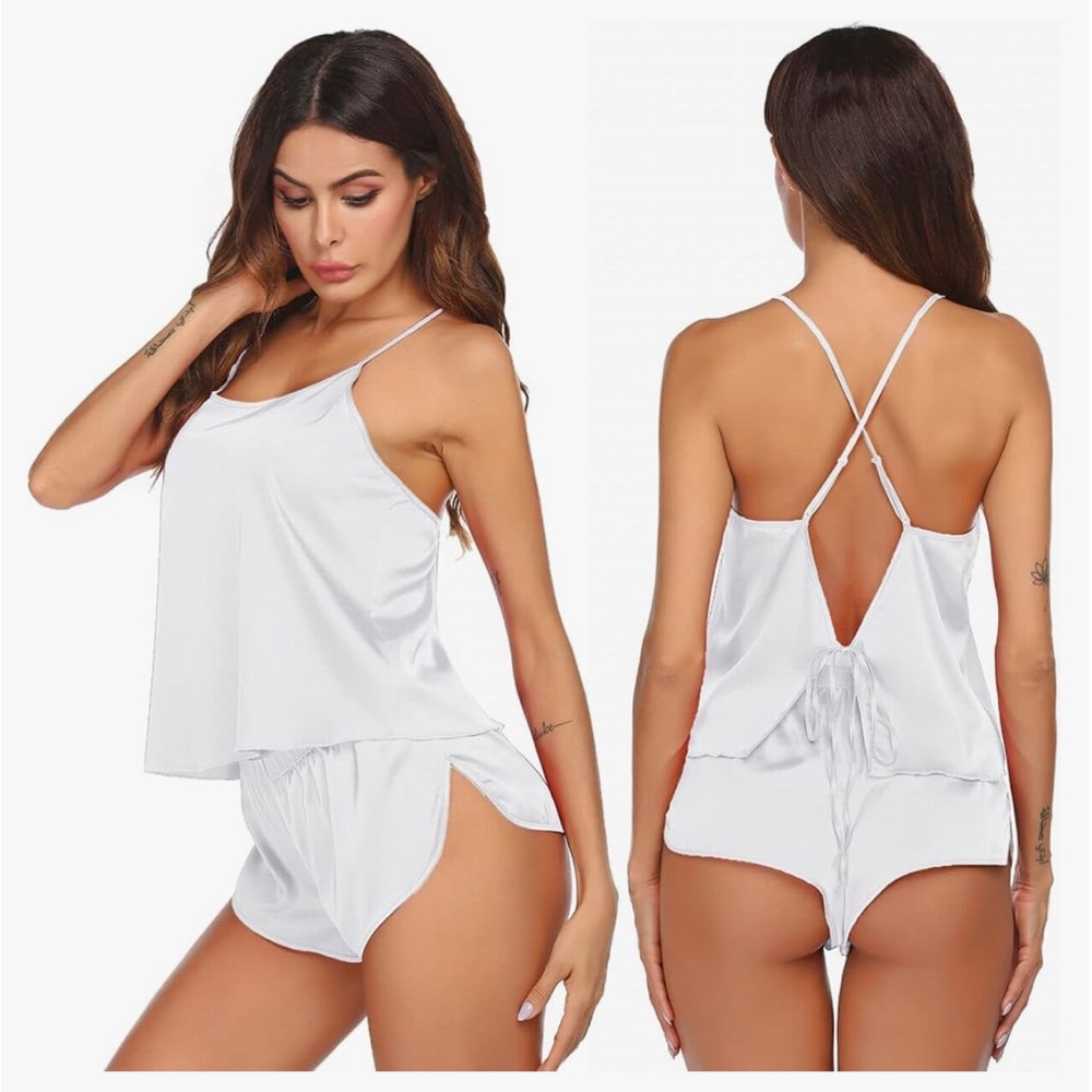 Ekouaer Silk Pajamas Set Satin Backless Lingerie Pjs Cami Set Camisole